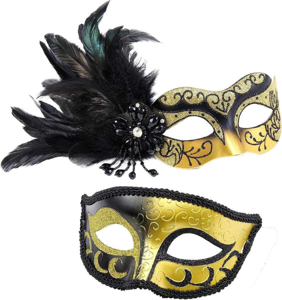 SnelShoppen - MYSEUNI 2024 Maskerade Masker met Veer voor Koppels - Venetiaans Kostuum Masker voor Vrouwen en Mannen - Perfect voor Feesten en Carnava