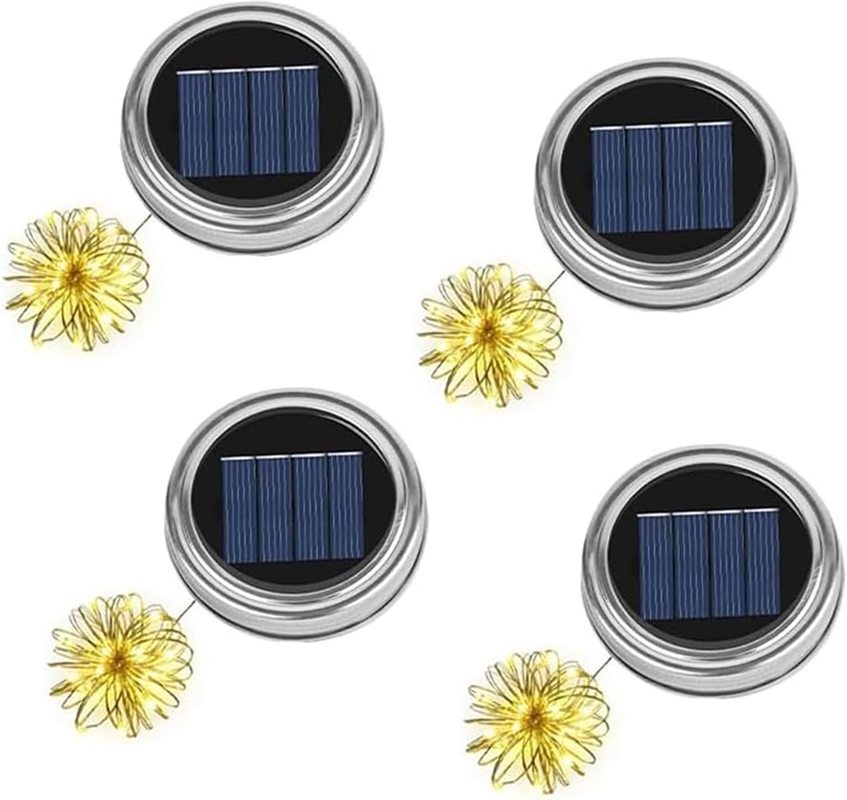 SnelShoppen - 4 Stuks Zonne-energie Mason Jar Lantaarndeksel met 30 LED Lampen & Ophanghaakjes - Solar Lichten voor Buiten, Tuin, Feest, Camping, Deco