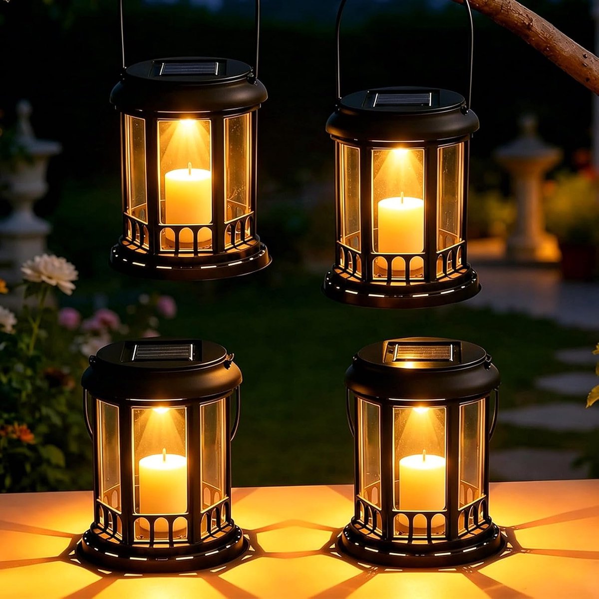 SnelShoppen - Lantaarn op zonne-energie voor buiten, 4 stuks, waterdichte zonnelampen met LED-kaars, hangende buitenverlichting voor tuin, terras en b