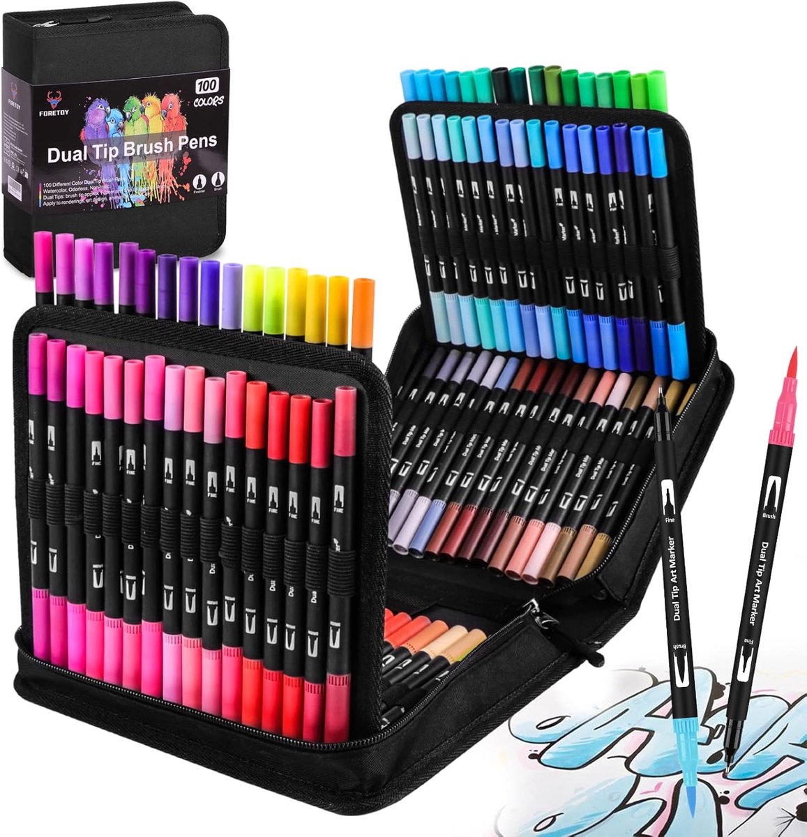 SnelShoppen - Dual Brush Pen Set 100 Kleuren - Dubbele Viltstiften - Aquarel Potloden - Penseelstiften voor Bullet Journal, Kalligrafie, Manga Comics