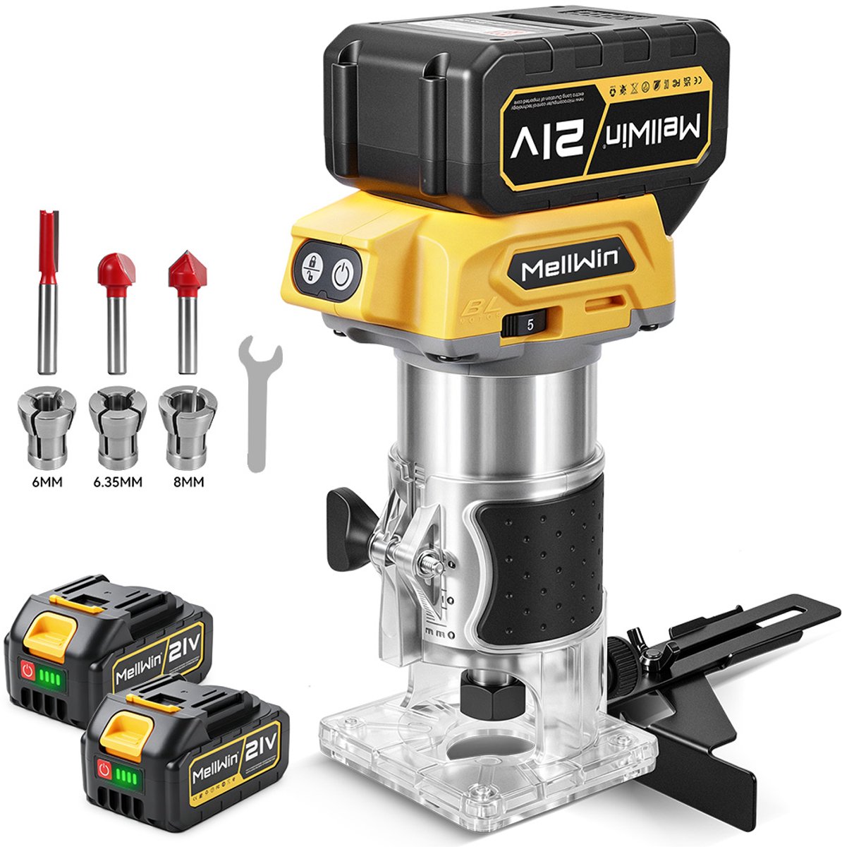 MellWin Accu Bovenfrees - Professionele Bovenfrees - met 2x Accu’s en 3x Spantangen - Kantenfrees - Handpalmfrees voor houtbewerking
