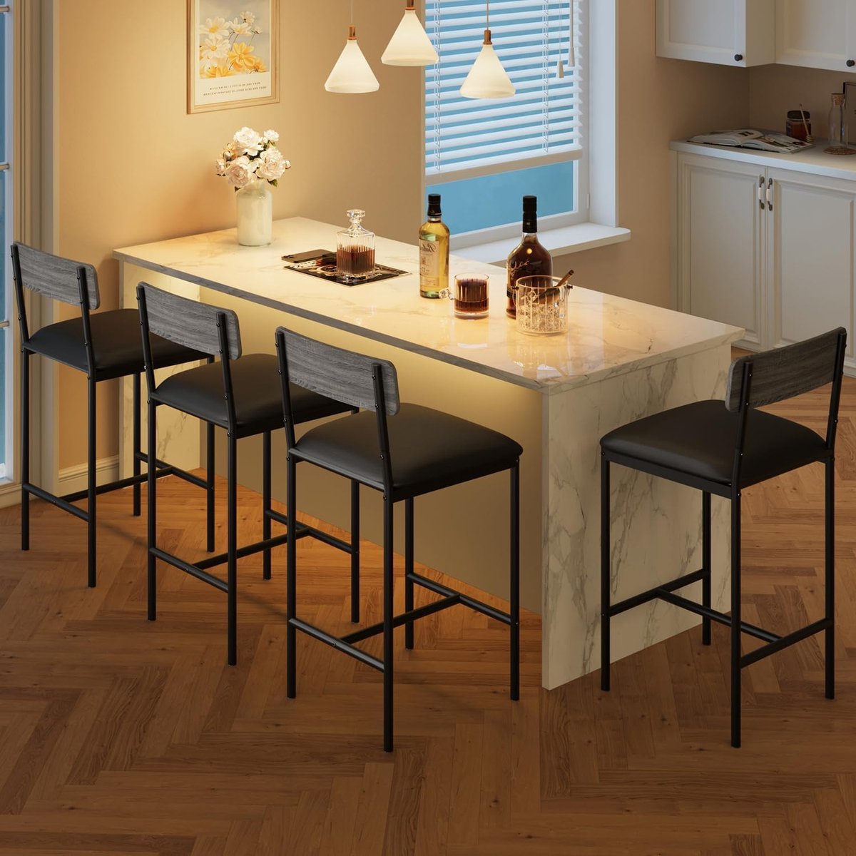 Set van 4 hoogwaardige barkrukken, 65 cm hoog, gestoffeerde keukenstoelen met voetensteun en rugleuning, ultracomfortabele barkrukken op werkhoogte voor keukeneilanden, eenvoudig te monteren, grijs