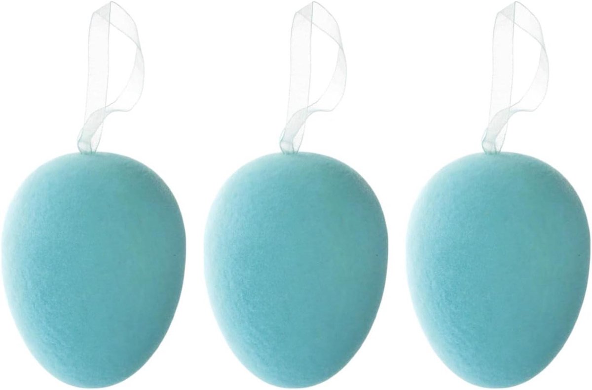 Paasei hangend - Decoratief ei - Paasdecoratie maken - Gevlokt fluweelachtig oppervlak - Set van 3 - Turquoise