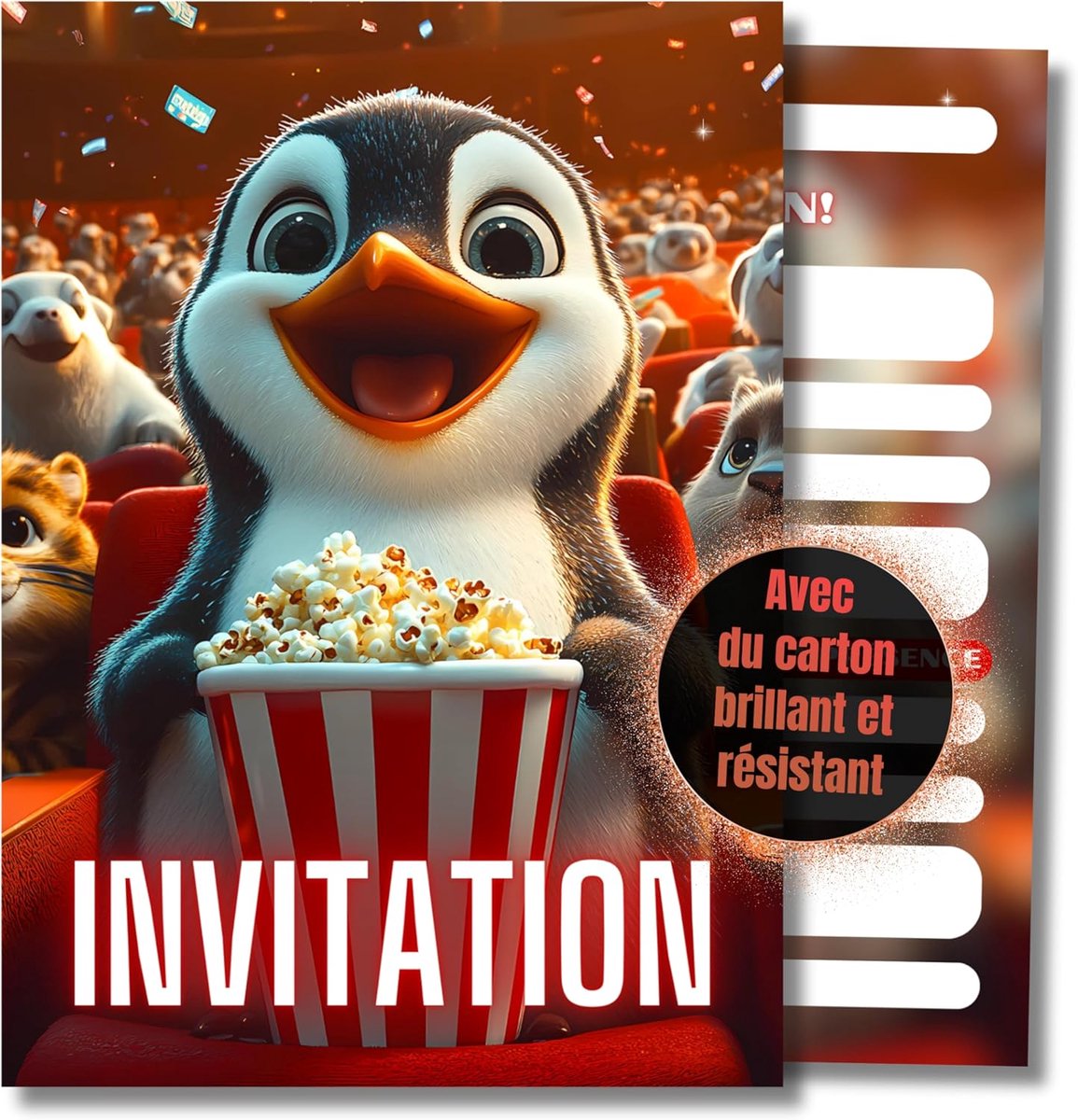 SnelShoppen - 12 Stuks Verjaardagsuitnodigingen Kinderen - Pinguïn Cinema Thema - DIN A6 - Popcorn Ontwerp - Feestuitnodigingen voor Jongens - Makkeli