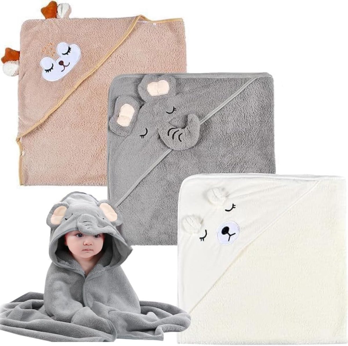 SnelShoppen - 3x Schattige Capuchonhanddoeken voor Baby's, 80x80 cm, Babyhanddoeken met Dierenpatroon, Zachte Badhanddoeken voor Kinderen, Ideaal voor