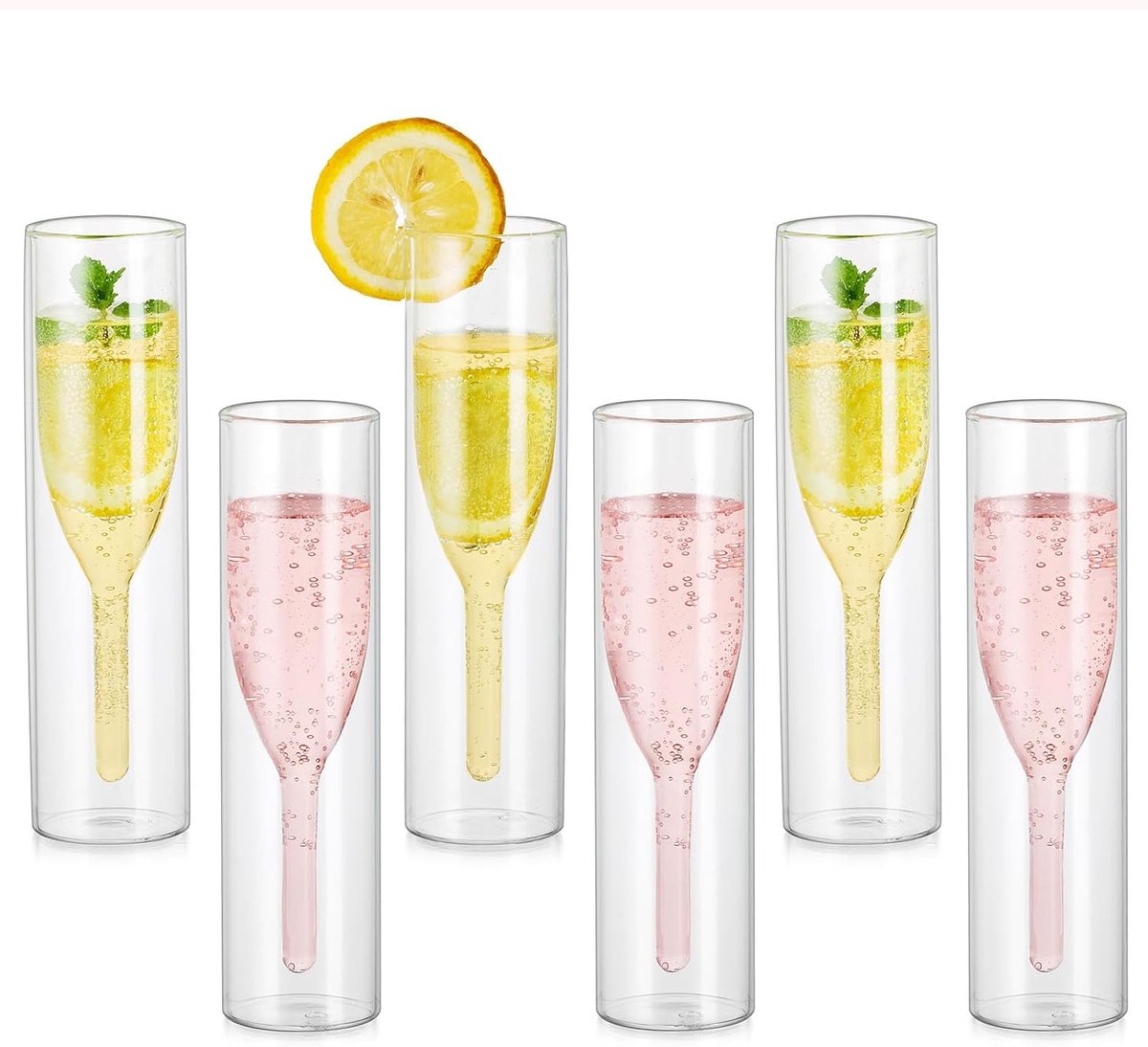 SnelShoppen - Stemless Champagne Flutes Set van 6 Dubbelwandige Prosecco Glazen, Kristalhelder Borosilicaat Glas, Tulip Cup voor Bruiloften, Feestjes,