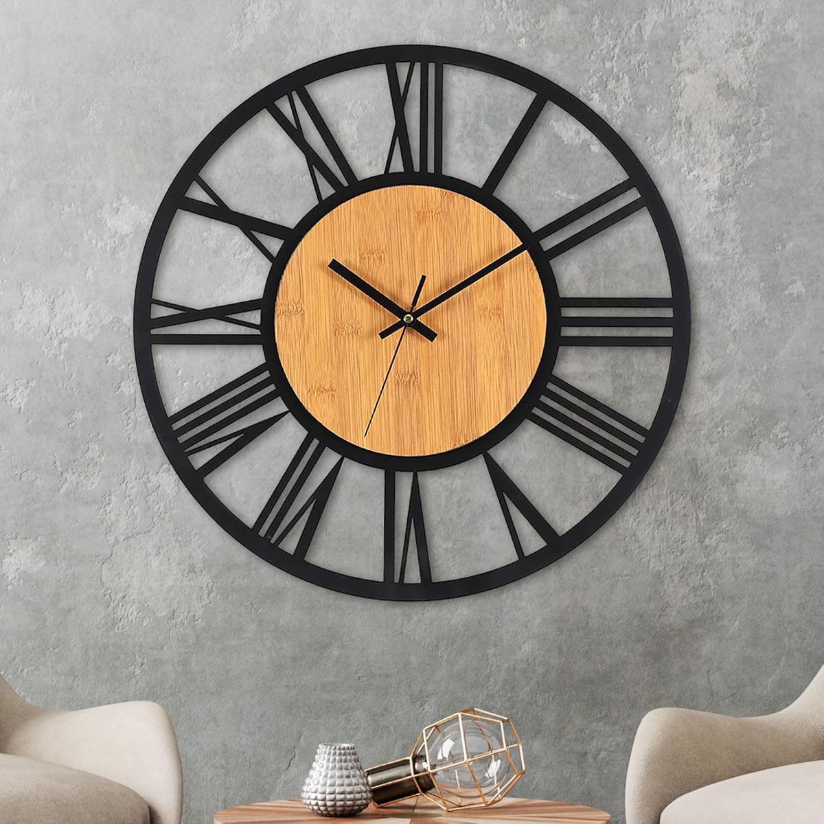 SnelShoppen - Grote Wandklok 40cm - Stille Vintage Retro Wandklok - Houten en Metalen Decoratie voor Woonkamer, Kantoor en Thuis