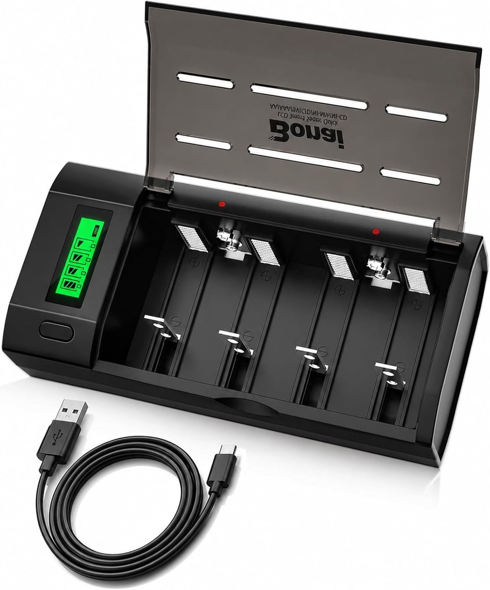 SnelShoppen - Universele Batterijoplader AA/AAA/C/D en 9V (NiMH/Lithium) met LCD Scherm, Ontlaafunctie en Dubbele USB-C/Micro-USB Ingang