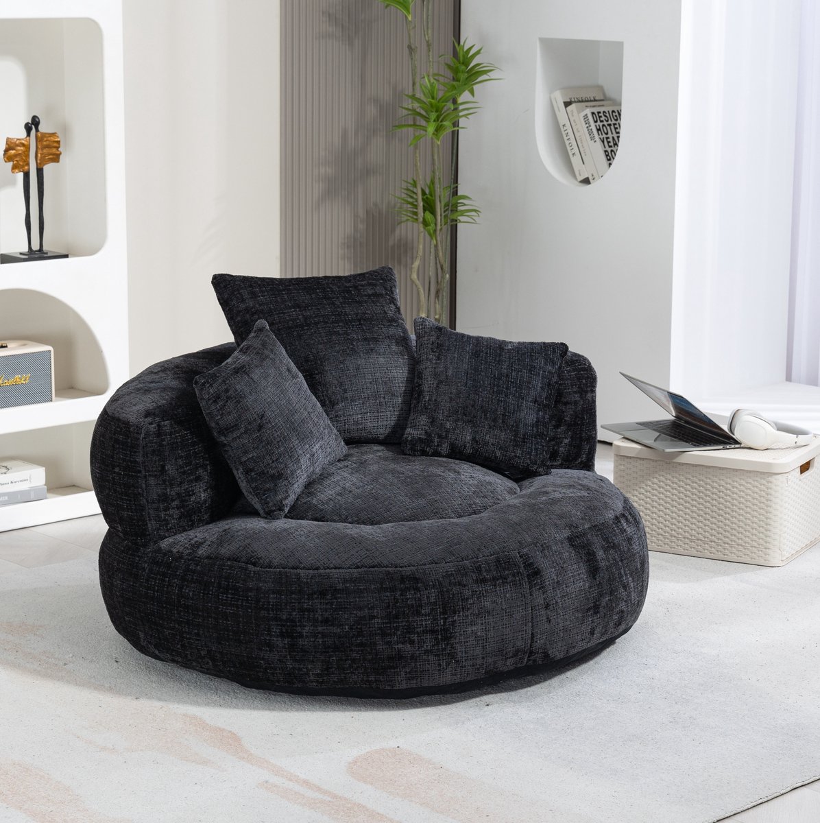 MODENUIT Zitzakstoel 108 x 108 x 52 cm - Hoge Rugleuning met 3 Kussens - Binnen en Buiten - Chenille Zwart