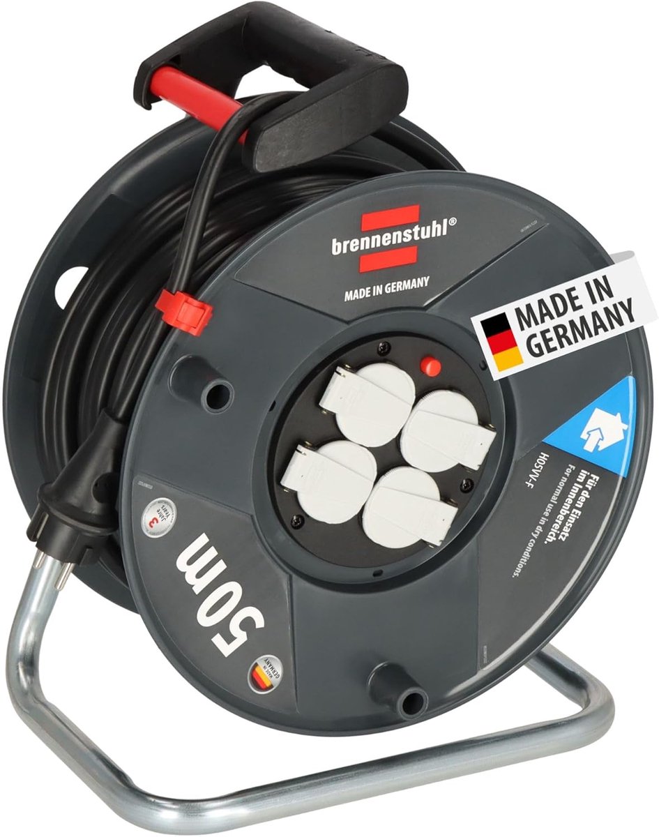 Thijox - Kabelhaspel 50m Zwart - Binnenshuis Gebruik - Made in Germany - Robuuste Kabel met Oververhittingsbeveiliging - Ideaal voor Feest, Camping en