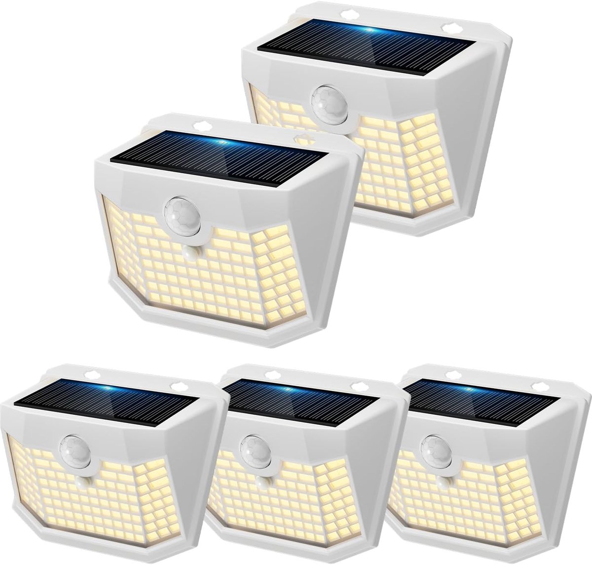 SnelShoppen - Solarlampen Buiten met Sensor 120LEDs, IP65 Waterdicht, 3 Verlichtingsstanden, Draadloos, Tuinverlichting, 5 Stuks, Witte Behuizing, War