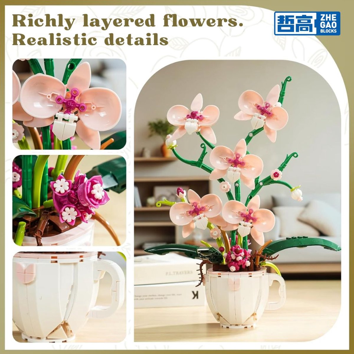 Zhe Gao 3005 Roze Orchideeën bloemen bouwset | Botanical Flowers Collection modelbouw | Classic Creator STEM speelgoed bouwpakket voor volwassenen en kinderen | Educatief kunstbloemen decoratie | Niet geschikt voor Lego | bouwdoos met 567 bouwstenen — afbeelding 5