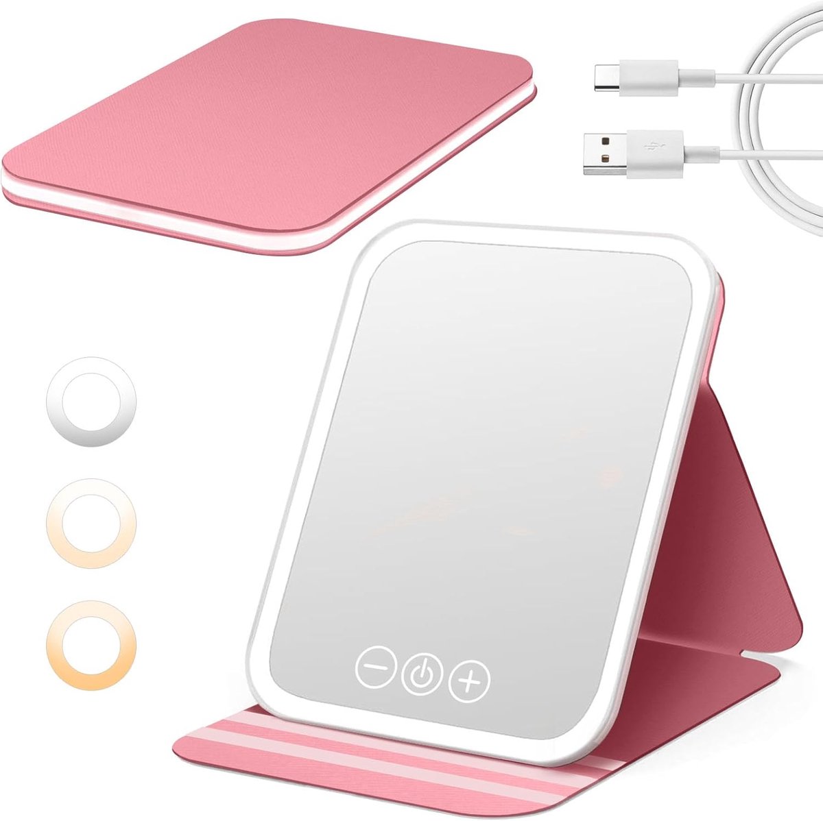 SnelShoppen - Lichtgevende Make-up Spiegel, Oplaadbare Draagbare Spiegel, Ultra HD Vouwspiegel, 3 Lichtkleuren, Helderheid Instelbaar, Met Geheugenfun