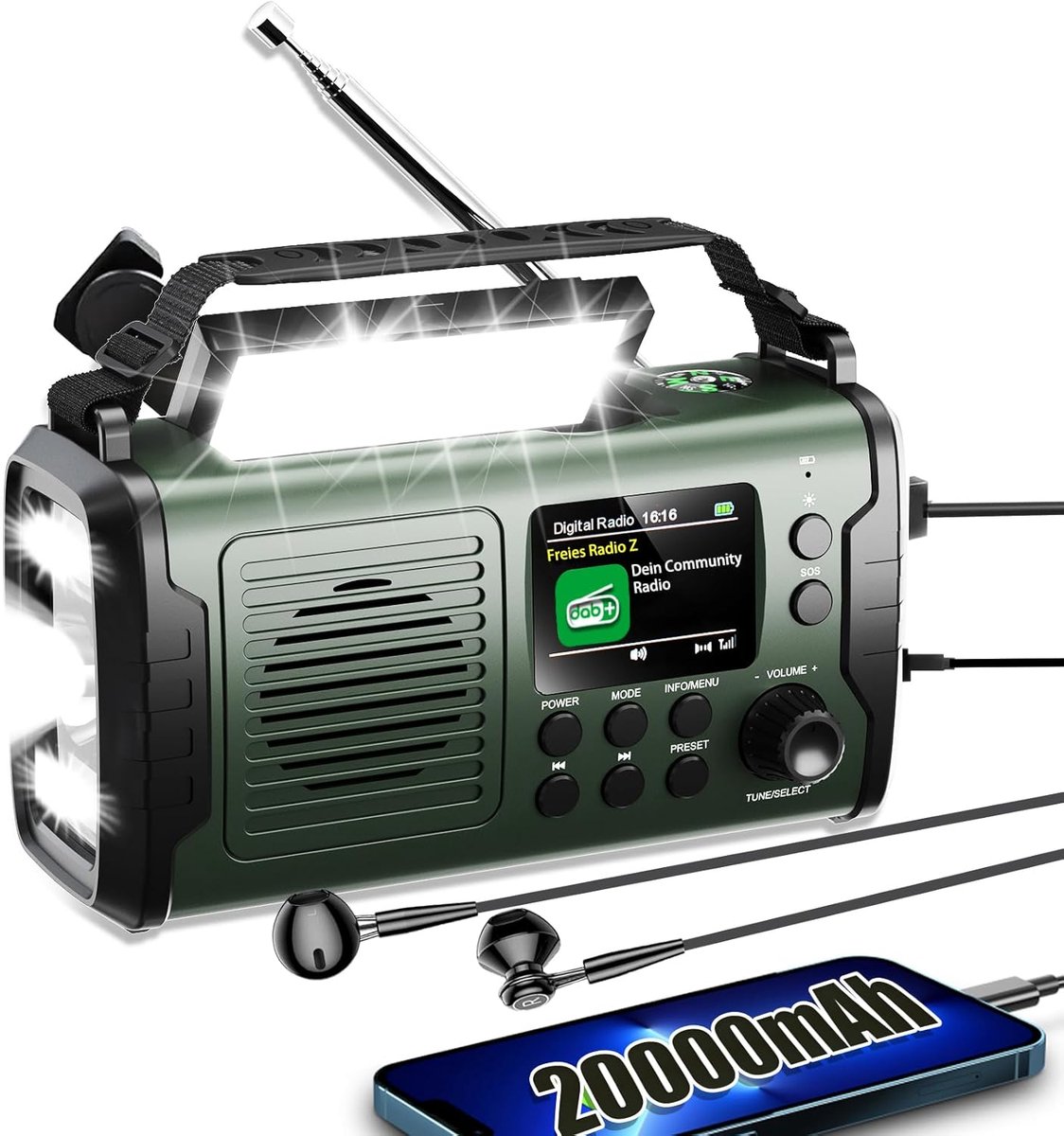 SnelShoppen - 20.000 mAh DAB/DAB+/FM Portable Radio - Oplaadbare Solar Kurbel Radio met Power Bank, Bluetooth 5.3, SOS, Zaklamp, Kompas, TF Card en Le