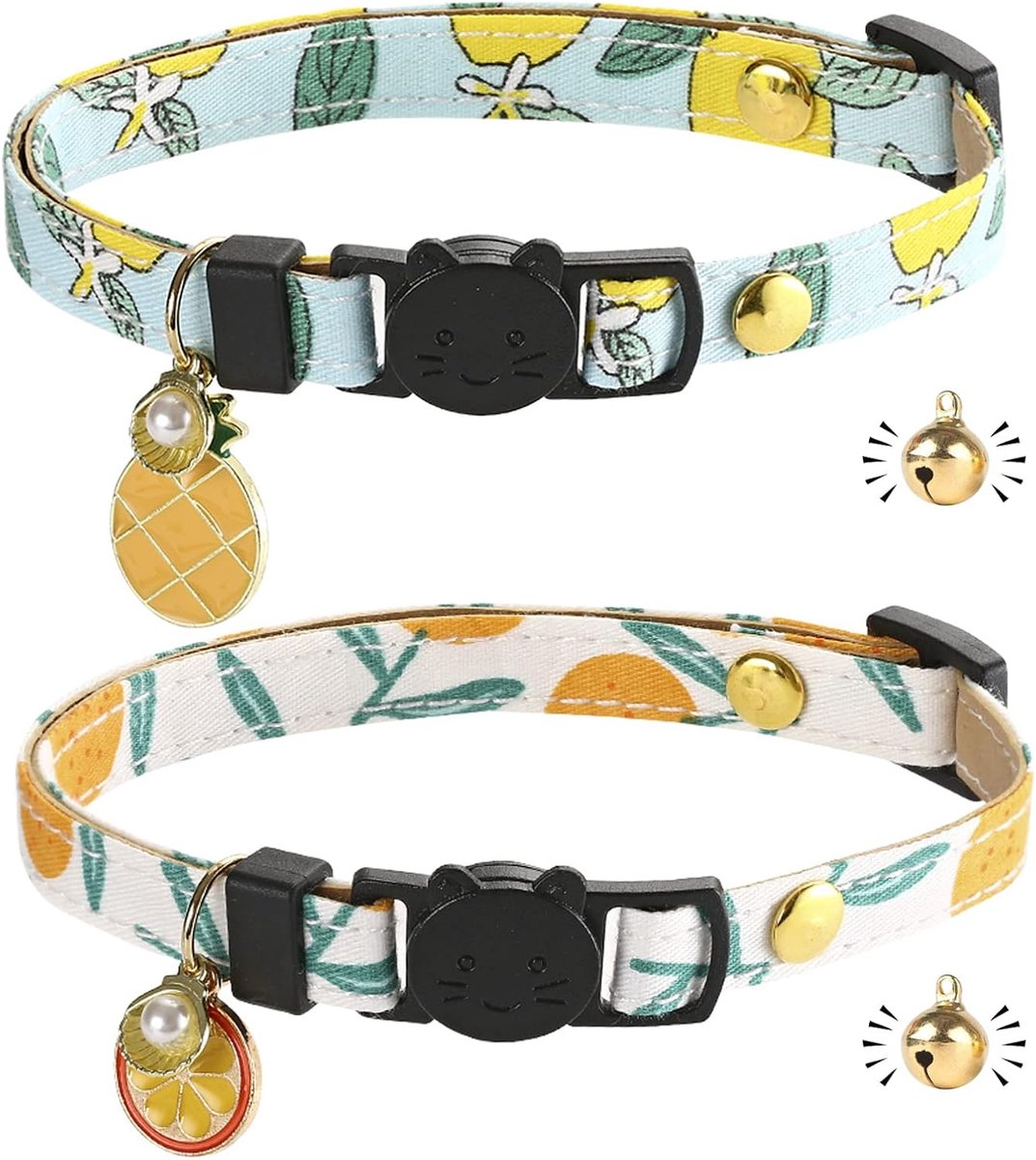 SnelShoppen - Cat Collar Met Snelsluiting - Handgemaakte Lederen Kattenhalsband Met Gouden Bel - Japanse Ontwerp - Verstelbaar - Set Van 2