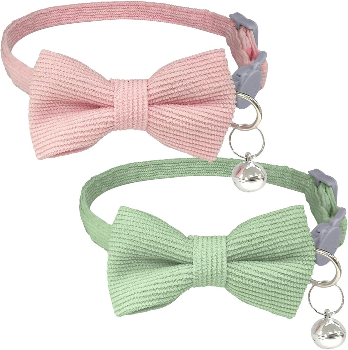 SnelShoppen - 2 Stuks Kattenhalsband met Strik en Bel, Snelsluiting Veiligheidshalsband Corduroy voor Kittens (Roze, Groen)