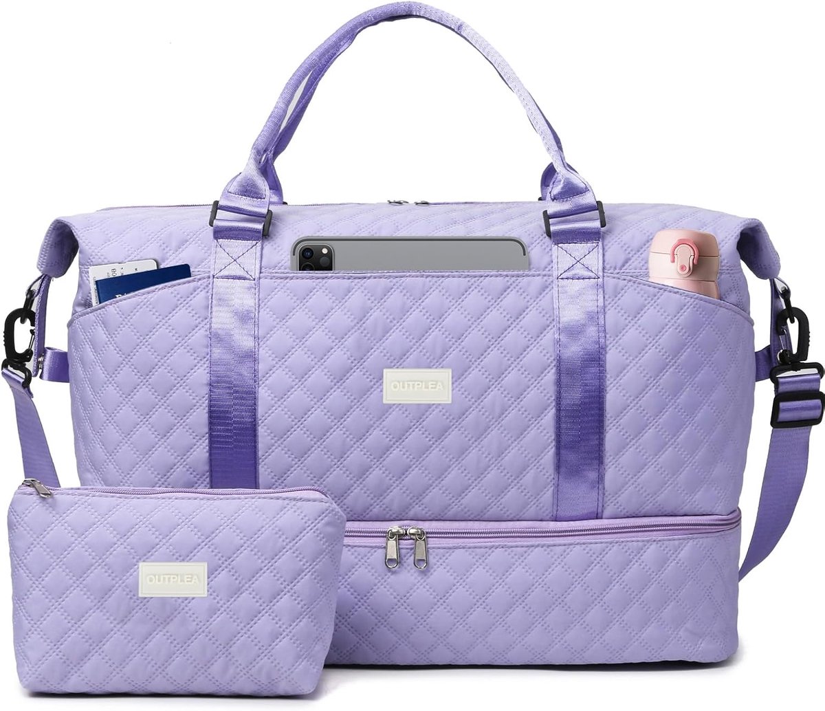 SnelShoppen - Reistas dames handbagage met schoenenvak en nat vak, reisduffels weekendtas met waszak, ziekenhuistas geboorte, lila