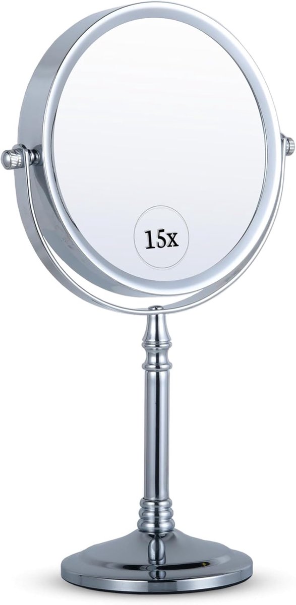 SnelShoppen - 15x Vergrotende Make-up Spiegel met Stand Dubbelzijdig 15x en 1x voor Make-up, Badkamer of Dresser, Chroom 15cm Breed en 30cm Hoog