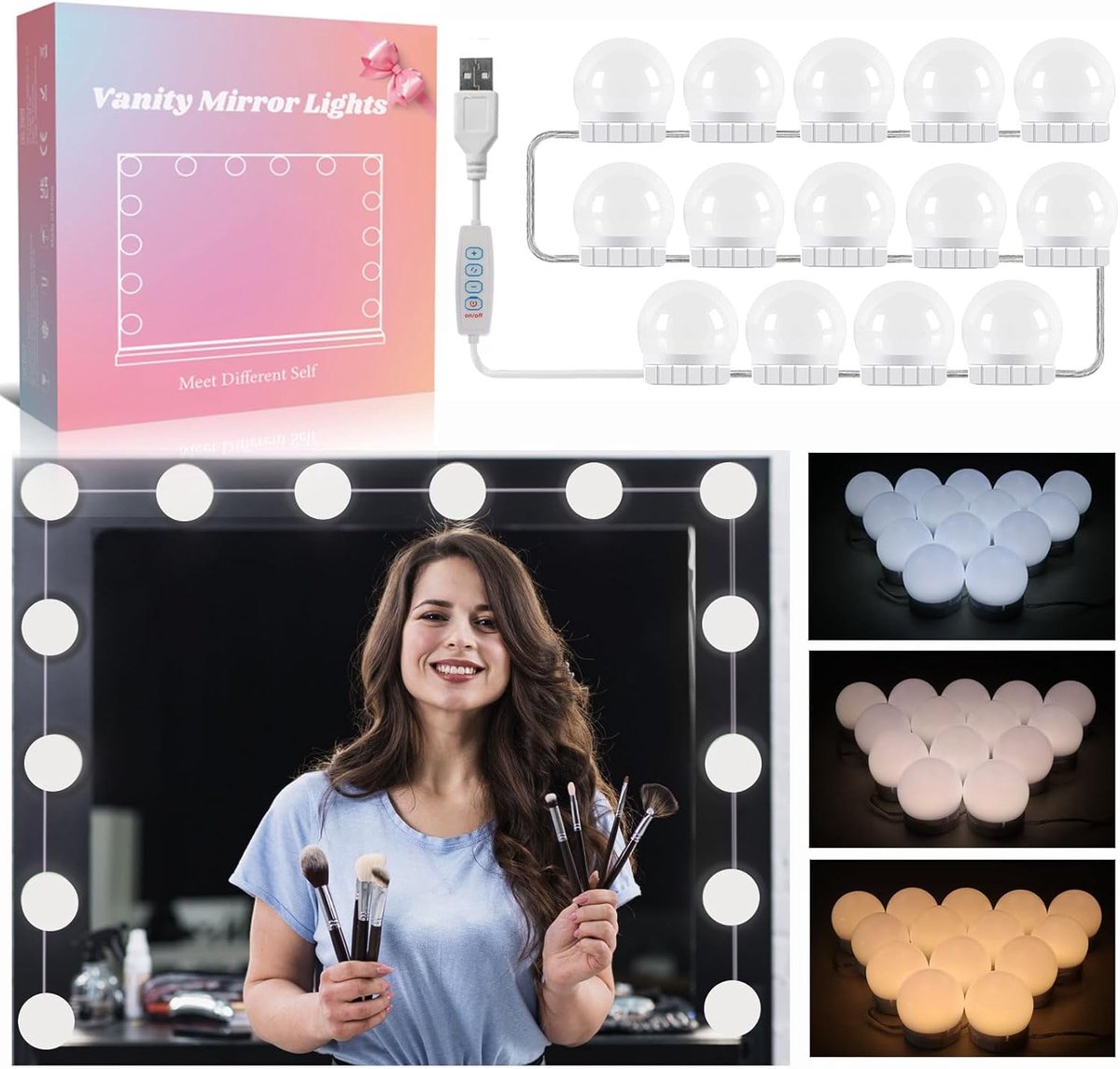 SnelShoppen - Spiegel Verlichtingsset met 14 Lampen voor Make-up Tafel, Hollywood LED Spiegel, Dimbare USB Lamp met Schakelaar en Kabel, 3 Kleuren en