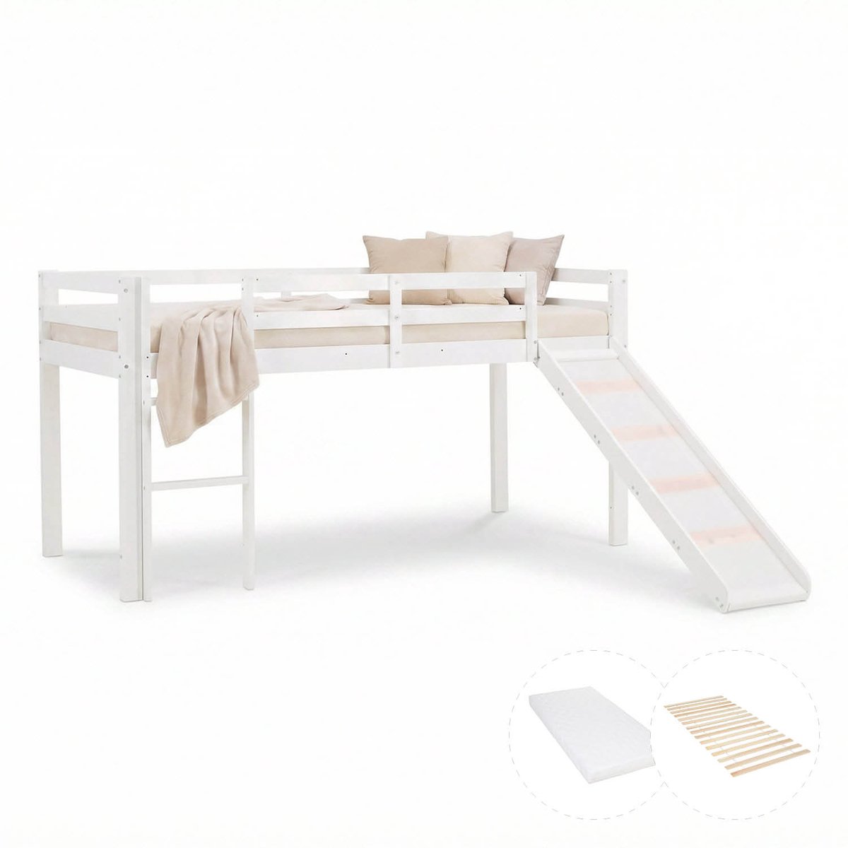 Homestyle4u Hoogslaper - 90x200 cm - Wit - met lattenbodem en matras - Verschuifbaar