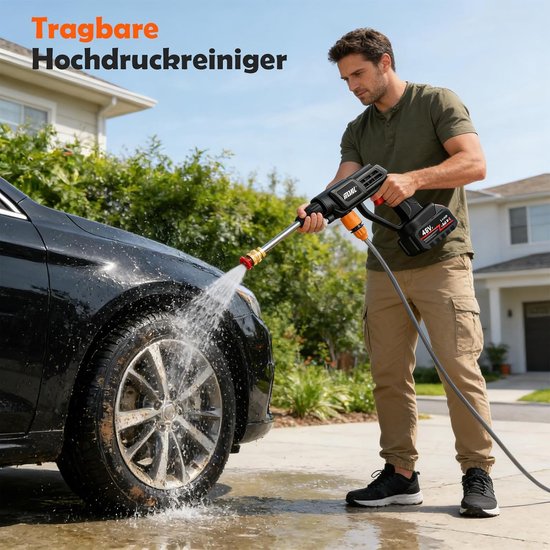 SnelShoppen - Draadloze Hogedrukreiniger 60 Bar, 300 W, Accu, Draagbaar Sproeiwaterpistool met 2x1500 mAh Accu's, Verstelbare Sproeimond, 5 m Slang vo van Snelshoppen — afbeelding 5