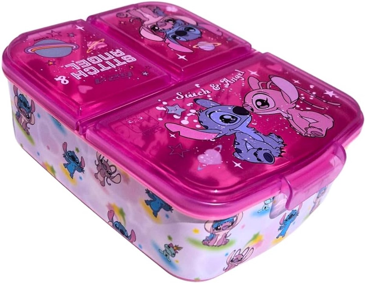 SnelShoppen - Kinderen Broodtrommel met Stitch en Angel Vakken - Lunchbox met 3 Vakken, Snackshouder, Ideaal voor School, Lichtgewicht en Gemakkelijk