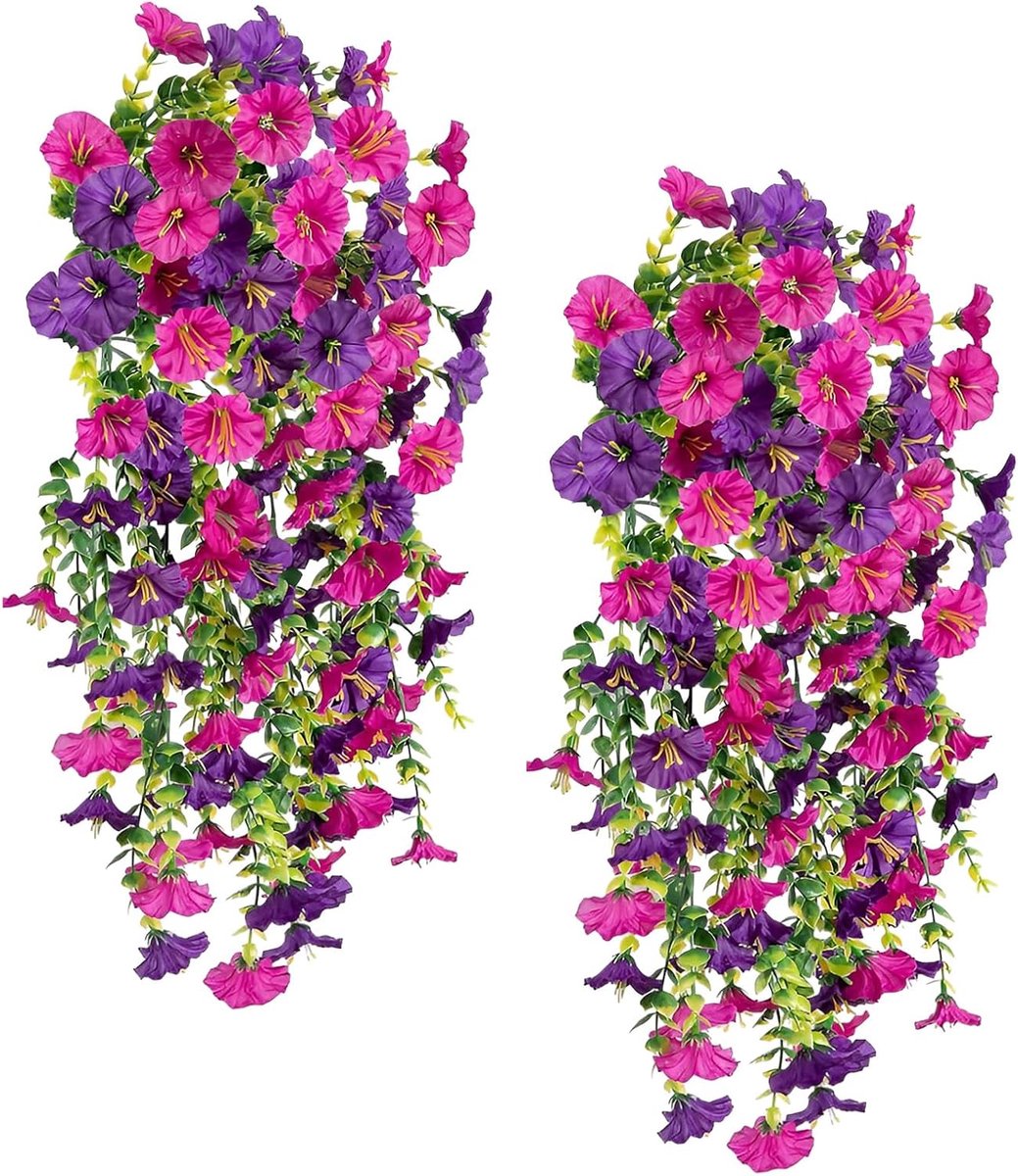 SnelShoppen - 4 Stuks Kunstbloemen Hangend Rood Paars Petunia - Kunstplanten voor Buiten en Binnen - Decoratie voor Bruiloften en Muren