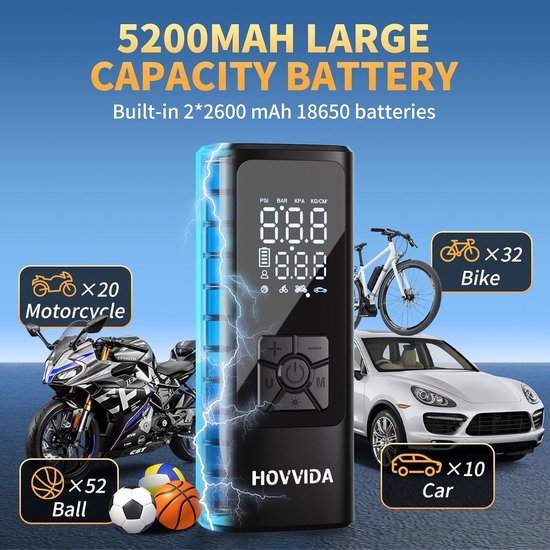 SnelShoppen - Draadloze Bandenpomp 150 PSI, Draagbare Luchtpomp met Automatische Uitschakeling, LED Lichten, 5200 mAh voor Auto, Motor, Fiets en Bal — afbeelding 5