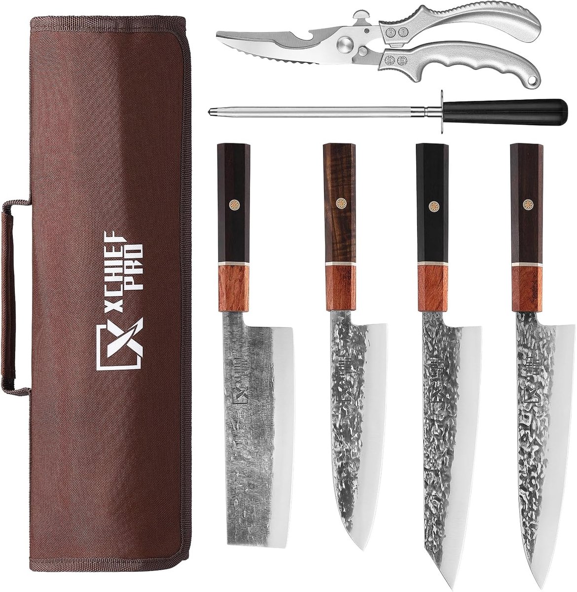 SnelShoppen - Professionele Japanse Messenset Kiritsuke Gyutou Santoku Nakiri van Handgesmeed Koolstofstaal met Pluimveeschaar en Draagtas voor Keuken