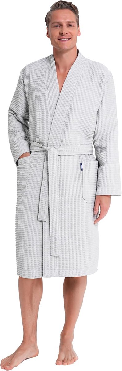 SnelShoppen - Heren Wafelbadjas 100% Katoen - Licht, Zacht & Absorberend - Honingraat Badjas voor Thuis, Spa, Zwembad - Witte Badjas - Ideaal voor Zom