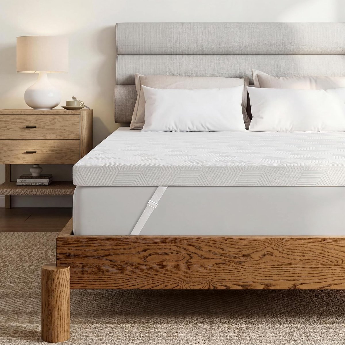 SnelShoppen - Topper Traagschuim 180 x 200 cm, 7,5 cm Hoogte, Antislip Onderkant, Ademend Bamboe, Wit, Geschikt voor Matrassen en Boxspringbed