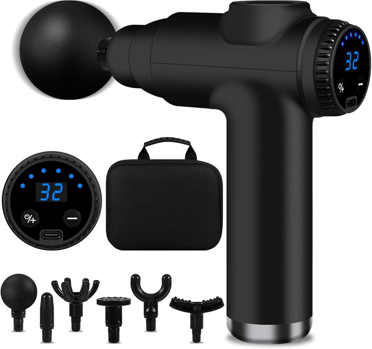 SnelShoppen - Mini Spiermassagepistool met 32 Verstelbare Niveaus, 3500 tpm, 6 Massagekoppen, Draagbaar en Lichtgewicht, LCD-scherm voor Spierpijnverl