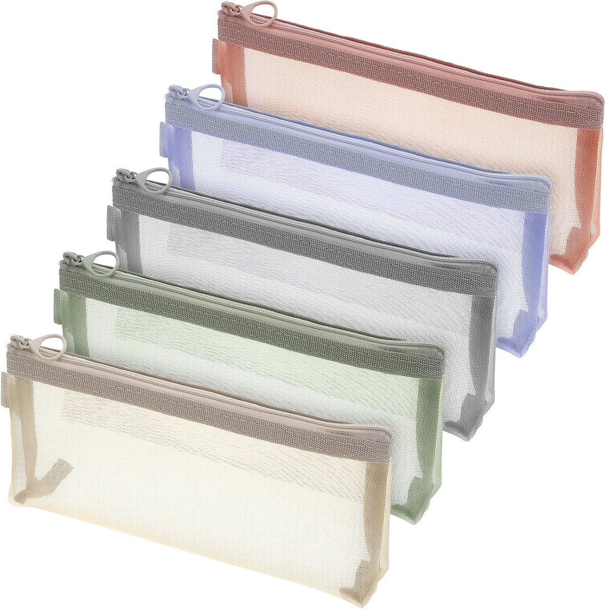 SnelShoppen - 5x Transparante Netmake-upkwastentas 21x4x10 cm - Nylon Mesh Ritssluiting - Cosmetica Etui voor School en Kantoor - Kleur: Groen, Kaki,
