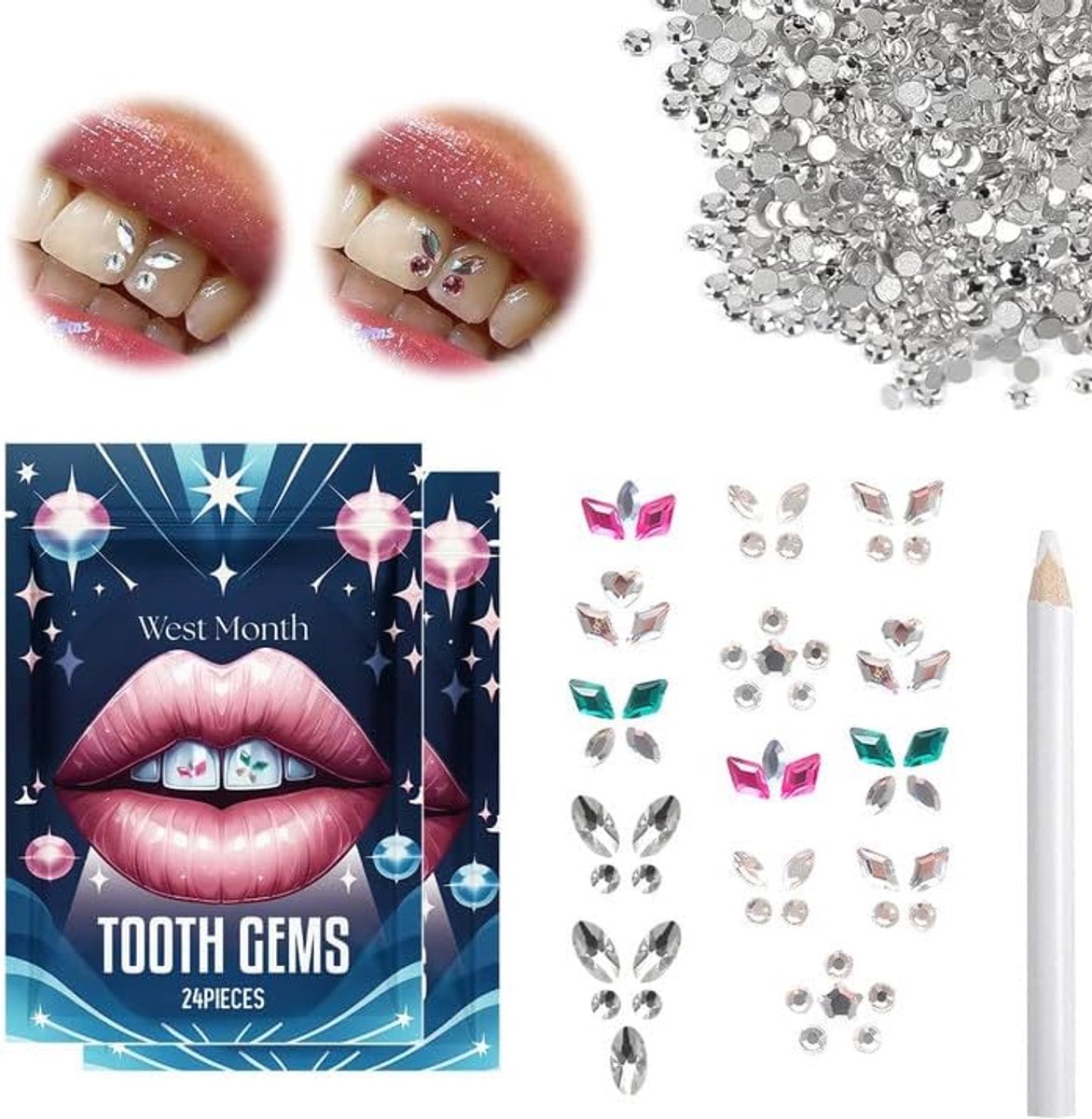 SnelShoppen - Glittertanden Set met Witte Strass en Diamanten, Tandnageldecoratie met Kristallen Stenen voor Feestelijke Gelegenheden, Slijtvast en Kr