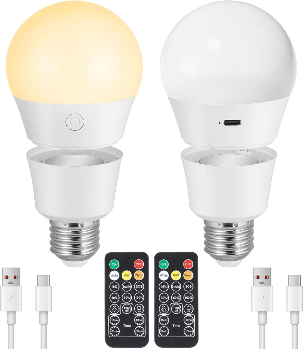 SnelShoppen - Ledlampen E27 Oplaadbaar met Afstandsbediening, Dimbare 3 Kleuren, 7W Magnetisch en Afneembaar, Ideaal voor Noodverlichting, Camping, Tu