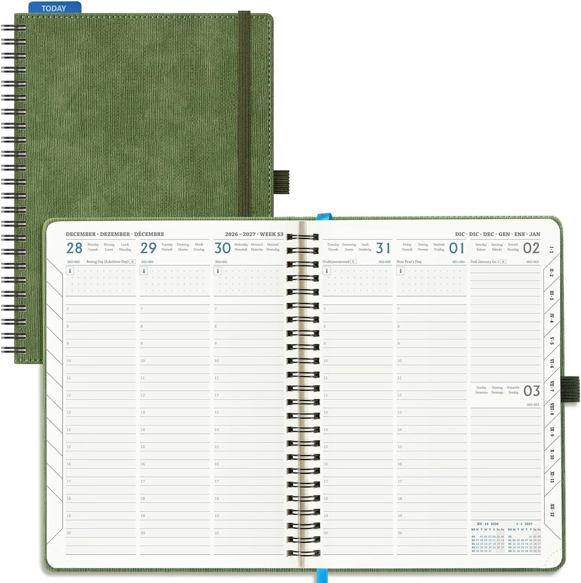 SnelShoppen - Agenda 2026 2027 A5 Weekagenda 18 Maanden Verticale Planner - Olijfgroen PU-Leren Spiraal - Schoolagenda met 80 Grams Papier