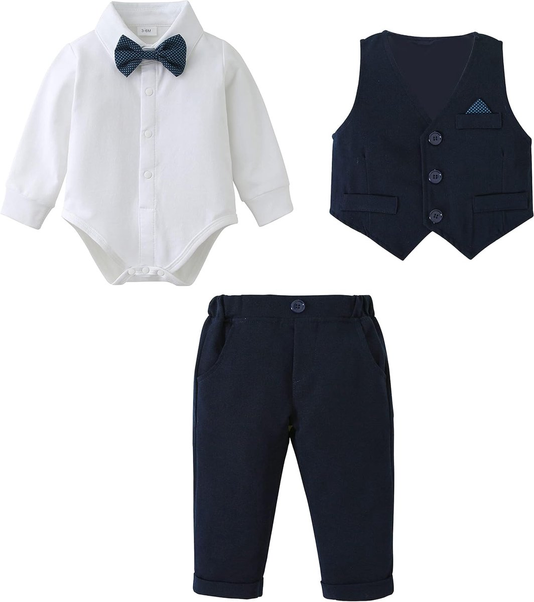 SnelShoppen - Baby Jongens Kleding Set 3-24 Maanden - Peuter Gentleman Romper Shirt Lange Mouw + Broek + Vest + Vlinderdas - Feestelijk Doop Bruiloft