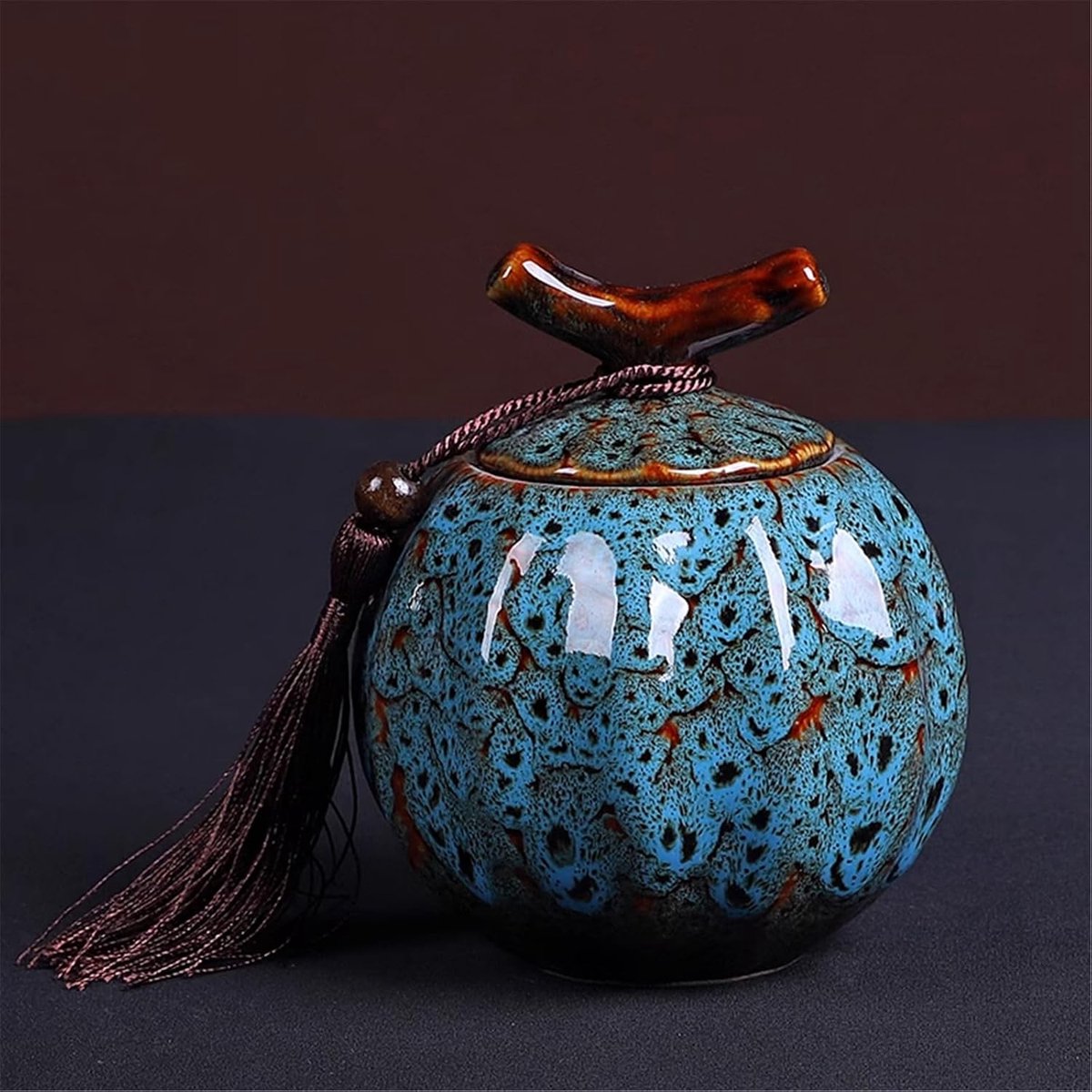 VHV - Theebus - Keramische voorraadpot met luchtdicht deksel - Vintage opbergpot voor thee, koffie en kruiden - 12.3*10.8*10.8cm - Blauw