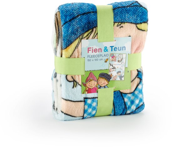 Opgevouwen fleece deken van Fien & Teun, met een afbeelding van Fien en Teun, 150 x 100 cm.