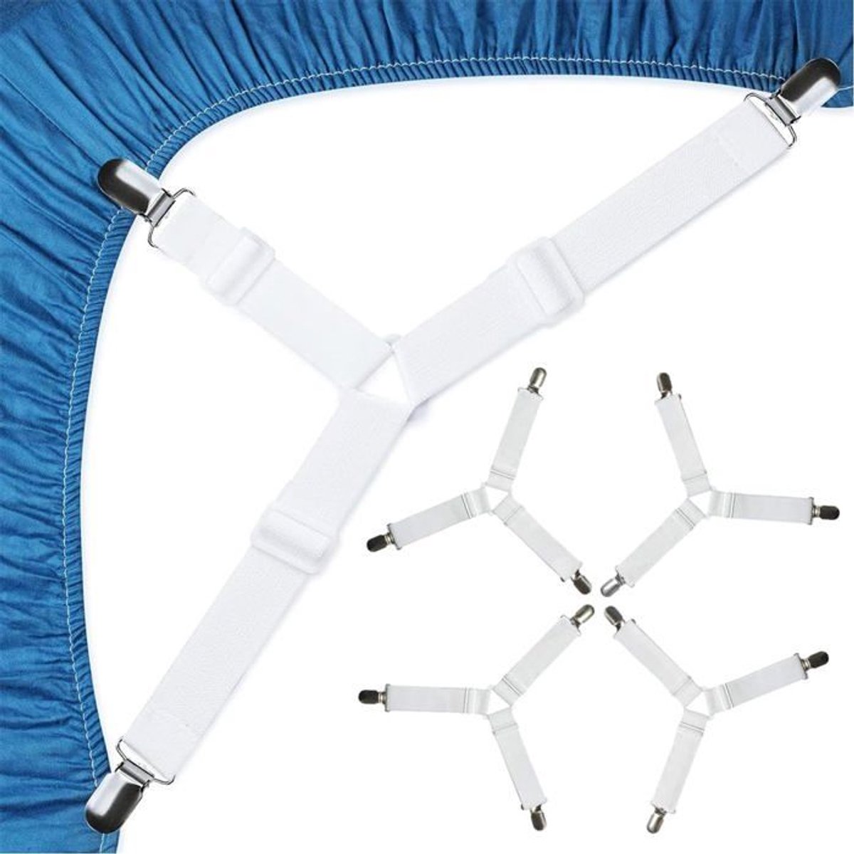 LISM-Een set van 4 verstelbare hoeslakenbanden - elastische matrasbeschermer - zorgt voor een veilige bevestiging van het hoeslaken - eenvoudig te installeren - wit
