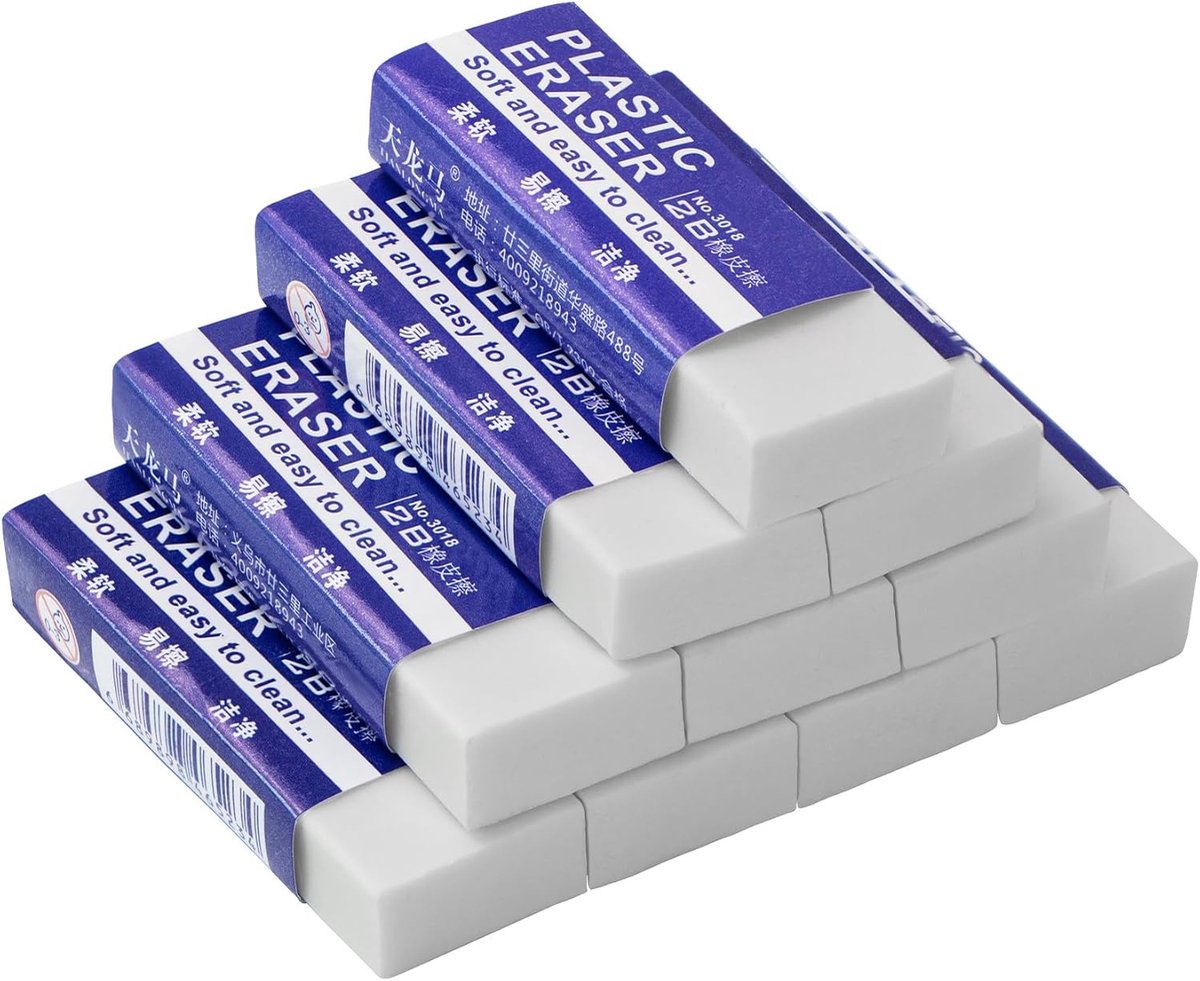 SnelShoppen - 10 Stuks Witte 2B Gummetjes, Plastic Gum voor School, Tekeningen, Schrijven, Niet Giftig en Latexvrij, Inclusief Opbergdoos