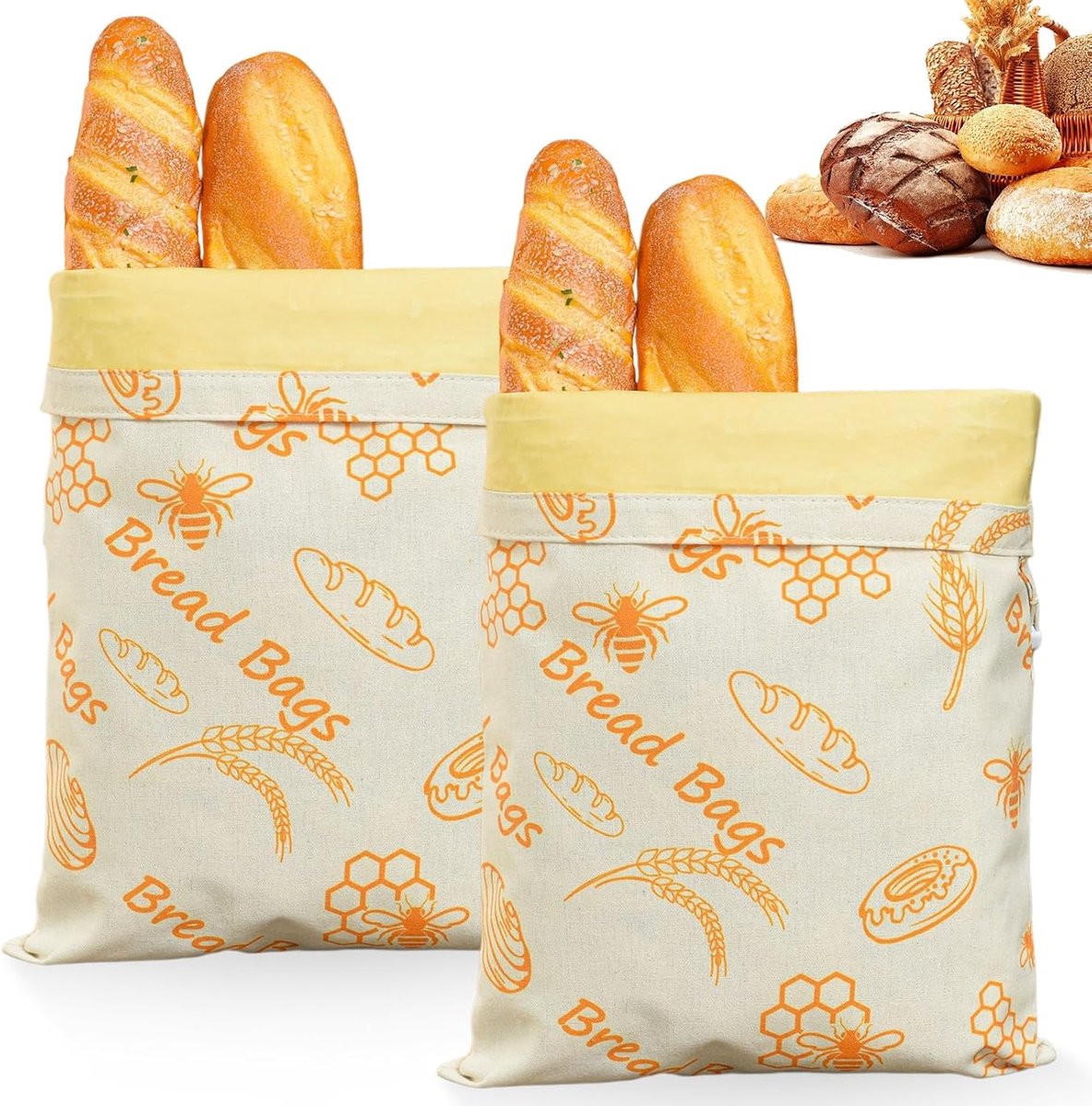 SnelShoppen - 2 Stuks Bijenwas Broodzakken 43cm x 33cm, Herbruikbare Katoenen Opbergzak met Bijenwas en Linnen, Voor Zelfgemaakt Brood en Gebak (Bijen
