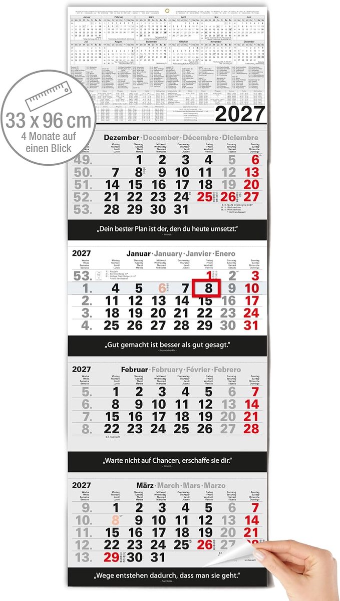 SnelShoppen - Grote 4-Maanden Wandkalender 2026 - Planner XXL 96 x 33 cm - Advertentievrij met Datumschuif - Maandelijkse Overzicht en Jaaroverzicht v