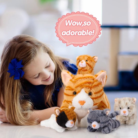 SnelShoppen - 5-Delige Grote Pluche Katten Set - Zachte Knuffel Toy met 4 Schattige Kittens - Fluffy Moeder en Baby Katten - Perfect Cadeau voor Verja van Snelshoppen — afbeelding 4