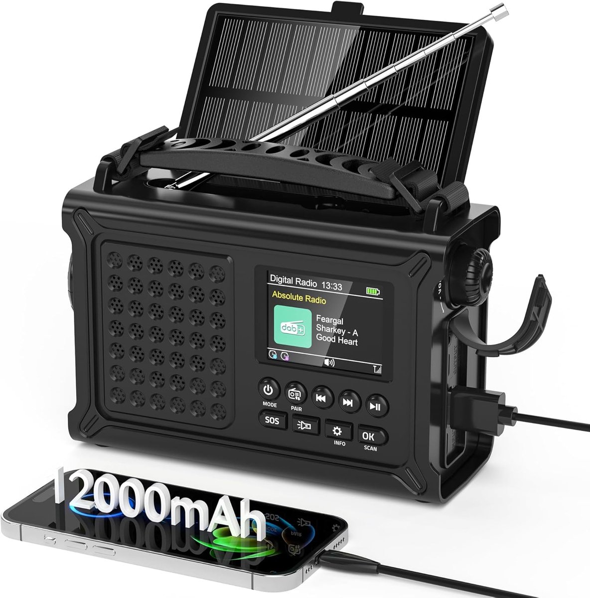 SnelShoppen - Zwengelradio DAB/FM Draagbare Zonne-Noodradio met 12000 mAh Powerbank, 2,4 Inch Kleurendisplay, LED-Zaklamp en Leeslamp, Bluetooth, SOS