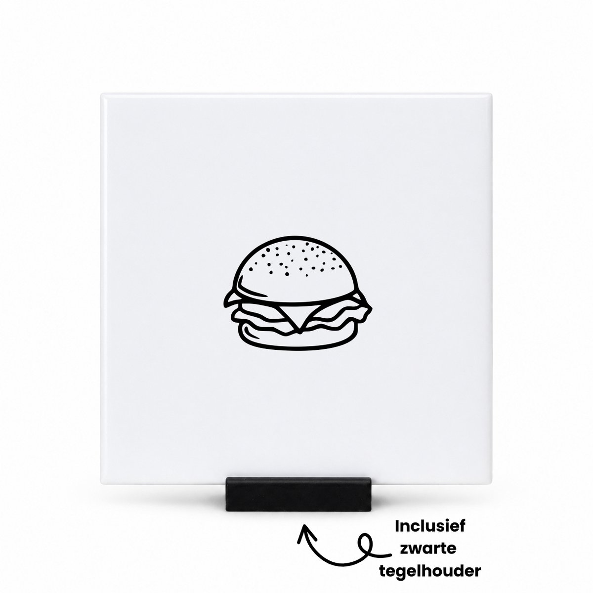 Hacebo Hamburger tegeltje met tegelhouder - Hamburger - Hamburger liefhebber - tegeltjes met tekst - Leuk cadeau voor iemand die van hamburgers houd - spreuktegels - 10.8x10.8 CM Wit