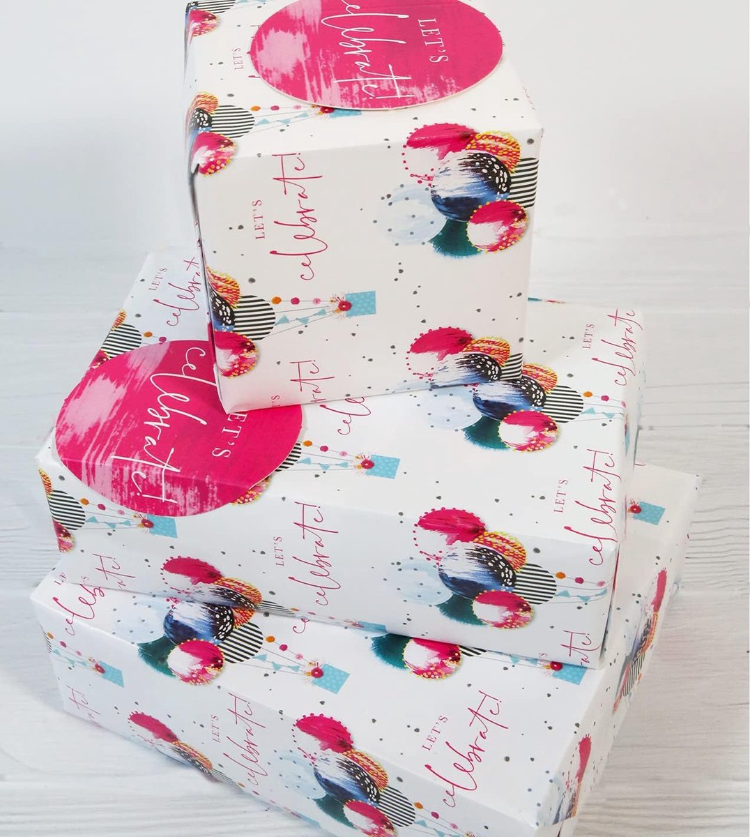 SnelShoppen - Inpakpapier 12373A 'Party Ballons' Cadeaupapier met 2 Vouwen, 2 Labels, Plastic Vrij, Volledig Recyclebaar, Multikleur, Feestelijke Gele