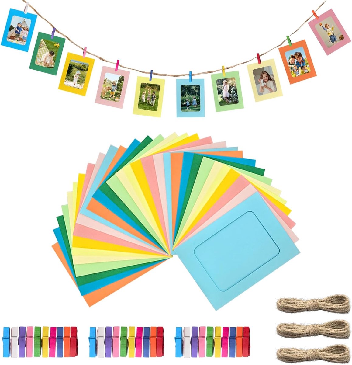 SnelShoppen - 30 Stuks Foto Lijstjes Papier voor Creatieve DIY Wanddecoratie met 30 Clips en 3 Touwen - Kraft Papier voor 15x10 cm Foto's - Perfect vo