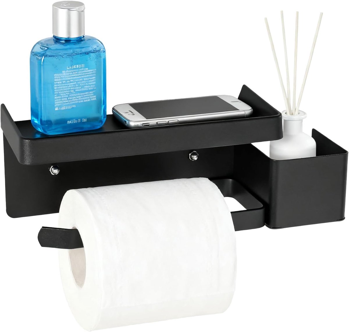 SnelShoppen - Black Wall Toilet Paper Holder - Zelfklevend, Geen Boren, Met Aroma Opslag, Waterdicht, Roestvrij, Voor Badkamer en Keuken