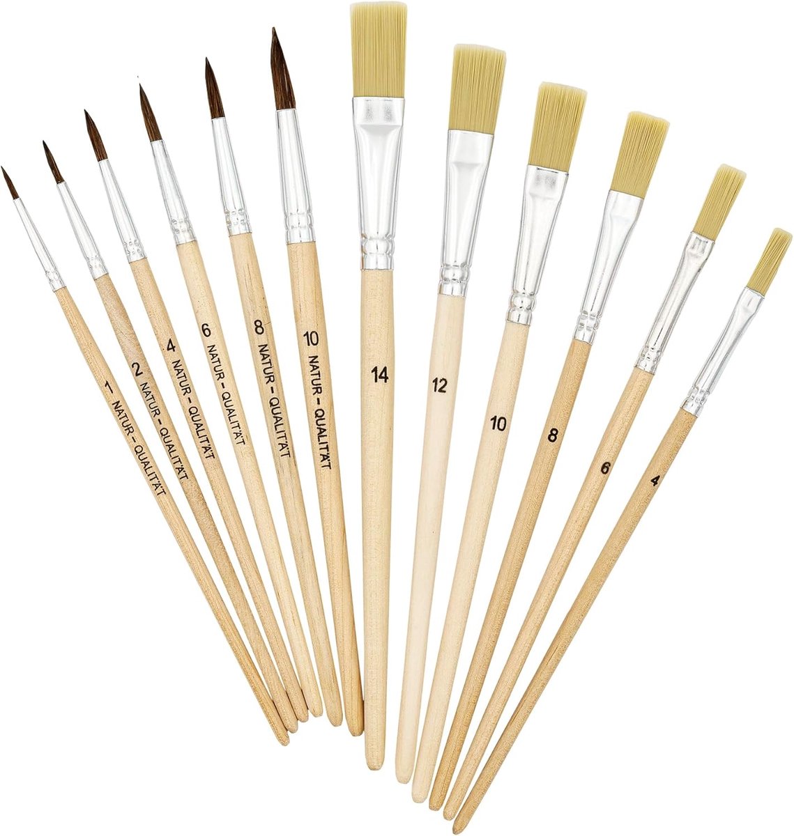 Thijox - 12-delige kwastenset met borstelpenseel maat 4, 6, 8, 10, 12, 14 en haarborstels maat 1, 2, 4, 6, 8, 10 - Perfect voor hobby, creatief schild